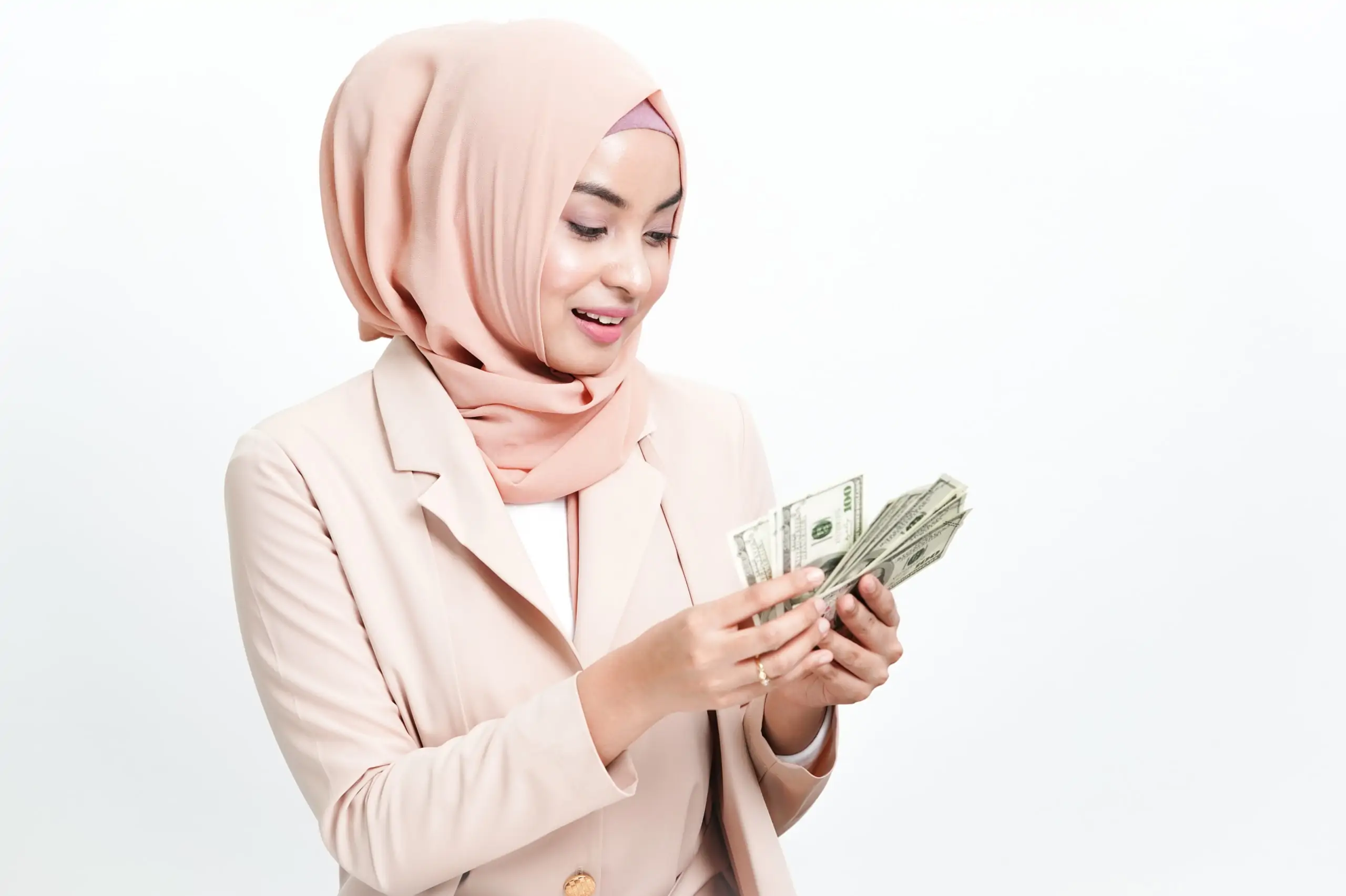 Happy,Muslim,Woman,With,Dollars,In,Hand.,Isolated,On,White